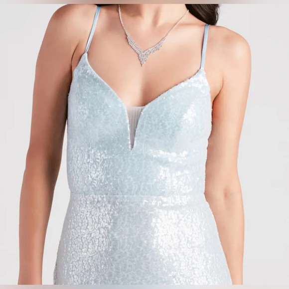 Windsor Lizza Formal Sequin Slit Long Dress in Light Blue Prom Bridesmaid - Picture 4 of 13
